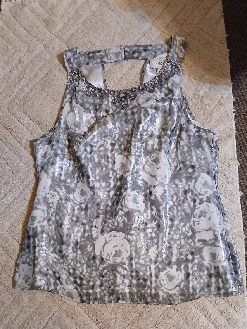 ECI Gray and White Floral Beaded-Neckline Camisole Top